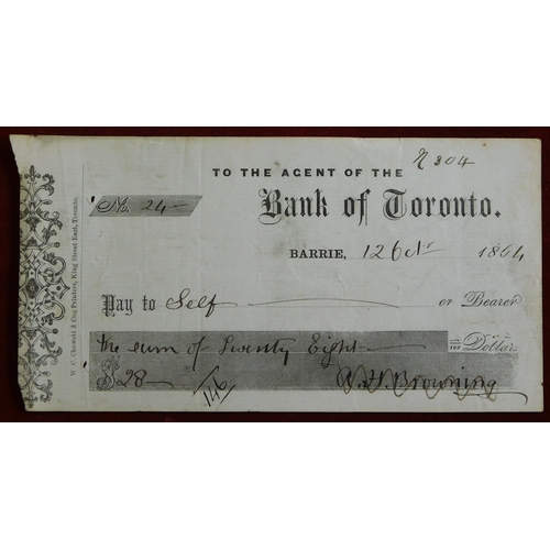 730 - Canada - Bank of Toronto 1865, Barrie Branch, used order. Black on white. Printer: Chewett & Co., To... 