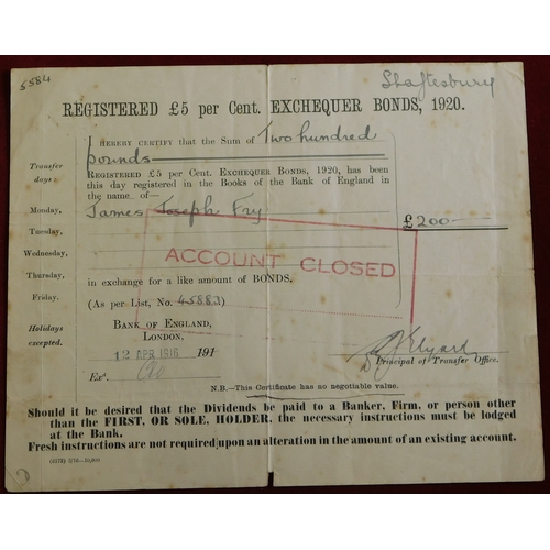 753 - 1920 Registered £5 percent Exchequer Bond, receipt for £200, Bank of England