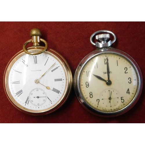 125 - Waltham Traveller Pocket Watch, Edwardian. PLUS Smiths Pocket Watch 1950s. Two open face, keyless wi... 