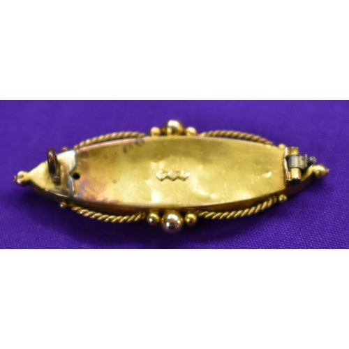 130 - Gold Brooch, stamped 15ct with white cut stone (diamond). Fine gold details, missing pin on back. In... 