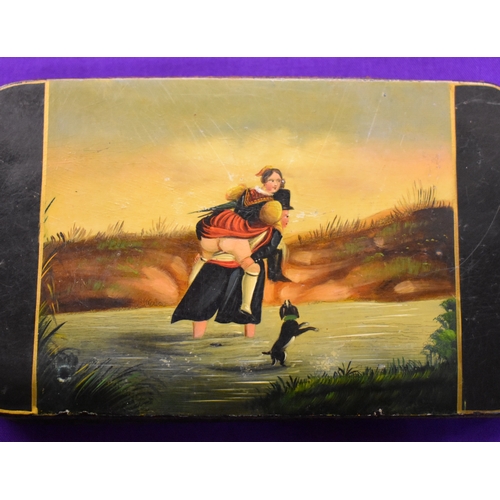 134 - Miniature Oil Paintings. On Glasses Case. Titillating Erotica Risque piggy back river scene one side... 