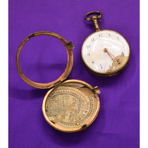 135 - Pair Case Verge Fusee Pocket Watch. Gilt Case. Glass intact. Gilt has rubbed/worn off. Damaged Dial.... 