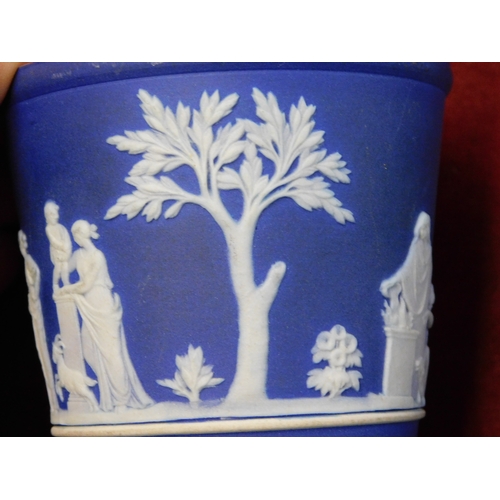 149 - Wedgwood Jasperware cobalt blue classic cameo Jug and Beaker (x2 items) measures approx 2.5 inches h... 