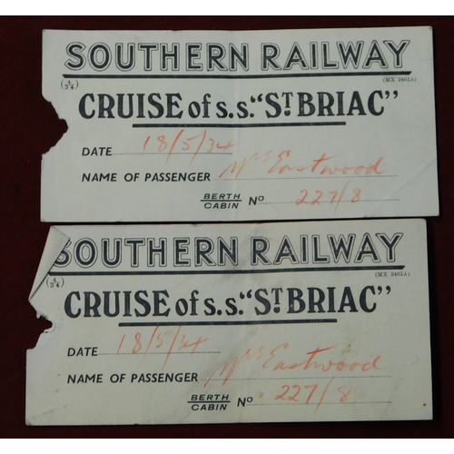 169 - Railways. Southern Railway circa 1934. Cruise of SS St Briac. Menus, Tickets and Le Havre guide. Nic... 