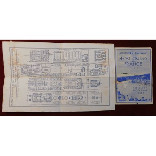 169 - Railways. Southern Railway circa 1934. Cruise of SS St Briac. Menus, Tickets and Le Havre guide. Nic... 