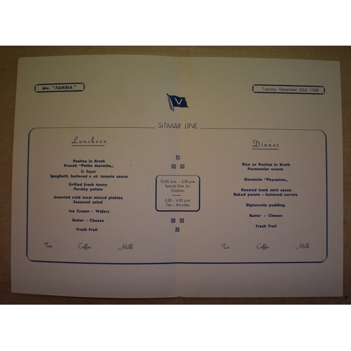 171 - Sitmar Line Menus. Cruise Liner menu cards from late 1950's. On board the Mv Fairsea. December 1958-... 