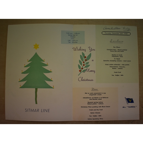 171 - Sitmar Line Menus. Cruise Liner menu cards from late 1950's. On board the Mv Fairsea. December 1958-... 