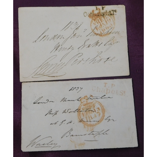 100 - Great Britain 1837-38 Postal History Wrapper pieces x2. 1) 2 Line T.P. Connaught T.P., cancel in bla... 