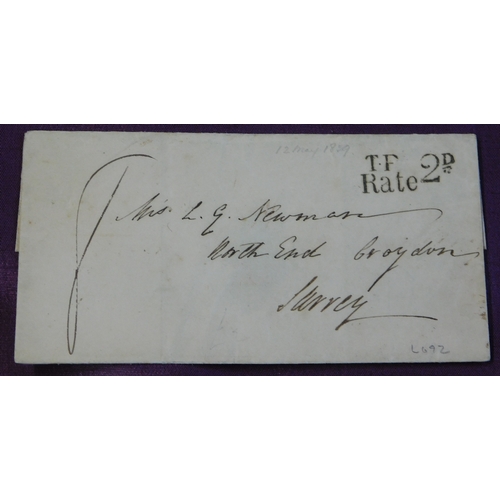 102 - Great Britain 1839 Postal History Wrapper posted to Croydon. Black T.P. Black Hasting/MY12/1839 Red ... 