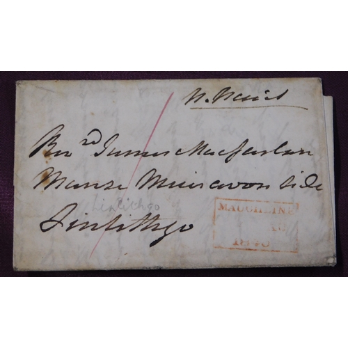 114 - Scotland 1840 - EL Mauchlinne (Boxed in red) to Linlittgo m/s '1' and m/s P. Paid