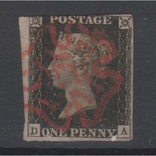 117 - Great Britain Penny Black, DA, three good to large margins, red Maltese cross