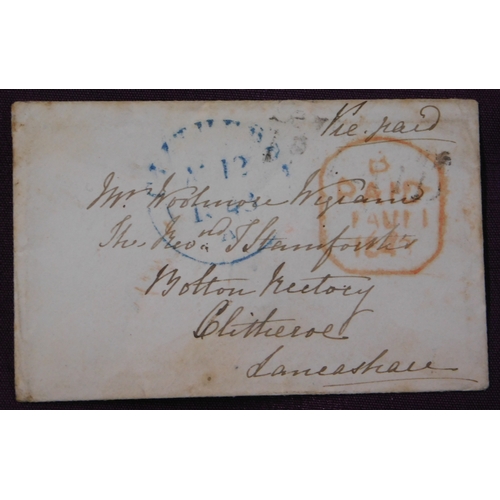 123 - Great Britain 1843 Postal History - envelope posted to Clitheroe. Manuscript Paid, red B/Paid/11AU11... 