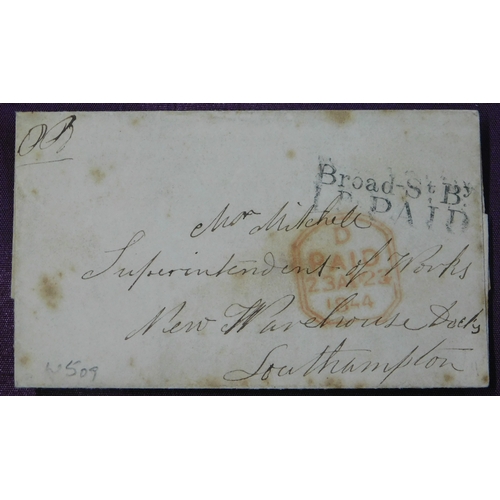 125 - Great Britain 1844 Postal History Wrapper posted to Southampton. Black 2 line Broad St by 1D Paid ca... 