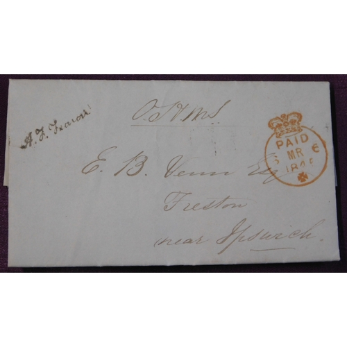 126 - Suffolk 1845 O.H.M.S. Letter from Stamps & Taxes Legacy Duty Department to Ipswich. Paid in red. Fin... 