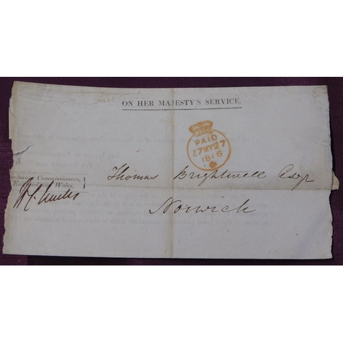 128 - Great Britain 1846 Postal History. Part of O.H.M.S. Pre-printed letter posted to Norwich. Red crown ... 