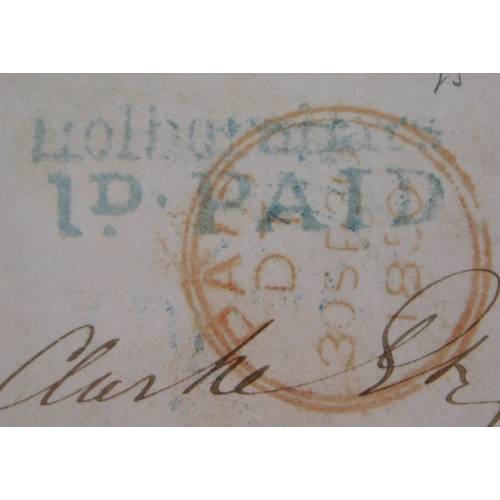 133 - Great Britain 1850 Postal History envelope posted to Brighton, blue 2 line Holborn Bars 1D Paid canc... 