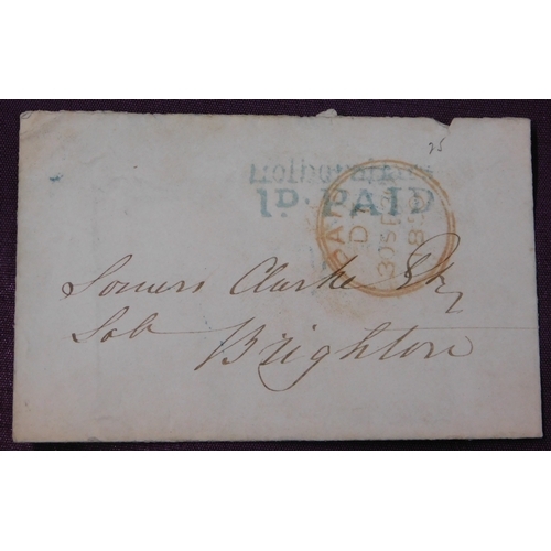 133 - Great Britain 1850 Postal History envelope posted to Brighton, blue 2 line Holborn Bars 1D Paid canc... 