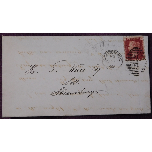 145 - Great Britain 1869 envelope posted to Shrewsbury cancelled London W.C., with duplex cancel on SG 44 ... 