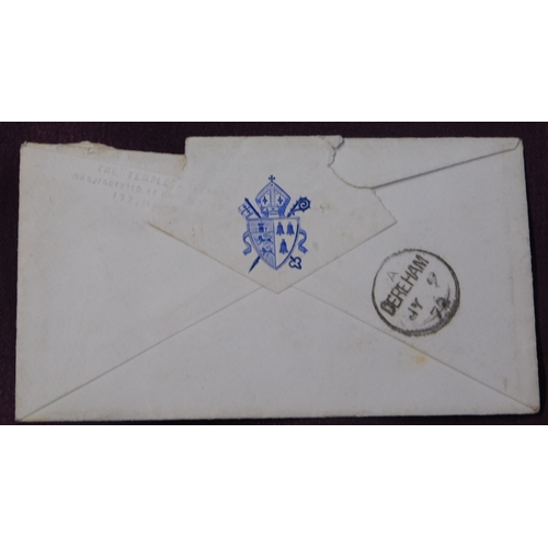 148 - Great Britain 1872 postal history - envelope posted to Yaxham cancelled 8.JY.1872 with Lincoln duple... 