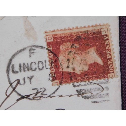 148 - Great Britain 1872 postal history - envelope posted to Yaxham cancelled 8.JY.1872 with Lincoln duple... 