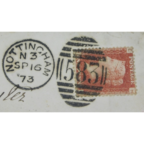 153 - Great Britain 1873 Postal History cover posted Nottingham to St Helens SG 44 1d red plate 147, cance... 