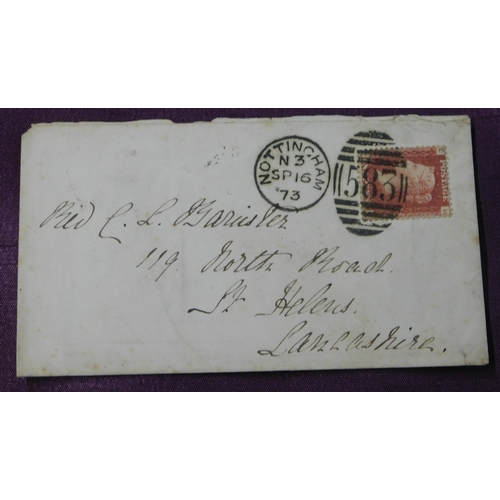 153 - Great Britain 1873 Postal History cover posted Nottingham to St Helens SG 44 1d red plate 147, cance... 