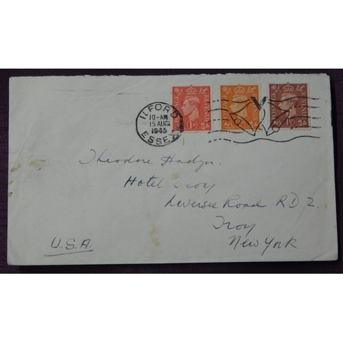 159 - Great Britain 1945 envelope posted Ilford Essex to New York SG 463-465 cancelled 15.8.45 with an Ilf... 