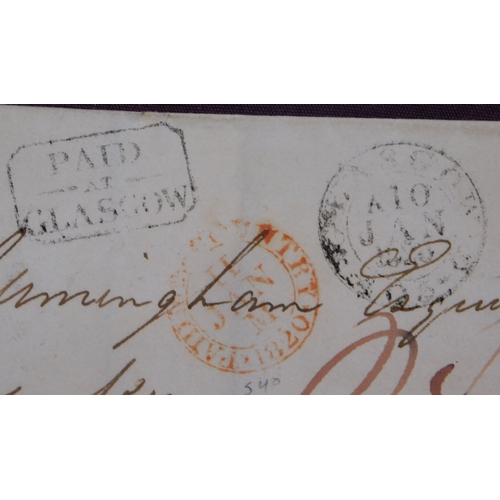 52 - Great Britain 1820 Postal History Wrapper dated Glasgow 10 Jan 1820 posted to Kirkcaldy. Boxed [Paid... 