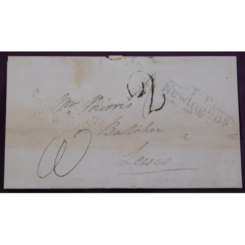 72 - Great Britain 1829 Postal History Wrapper posted to Lewes. Manuscript 2 boxed Newing T.P. B.S. Cance... 