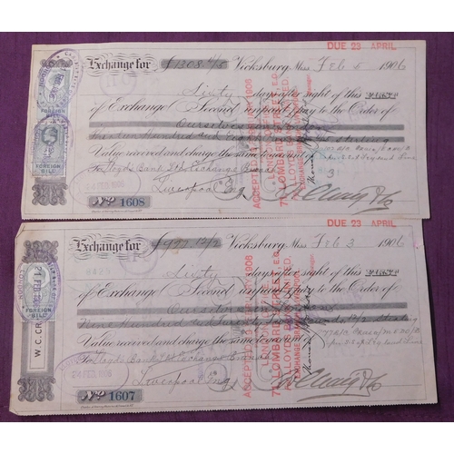 197 - Vicksburg Miss. 1906 First and Second Bills of Exchange Canadian Bank of Commerce to Lloyds Bank Ltd... 