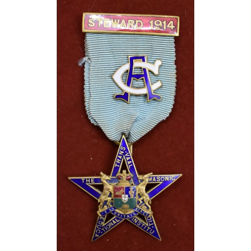 219 - Masonic Medal. The Transvaal Masonic Educational Institution. Steward 1914, with monogram. Enamelled... 