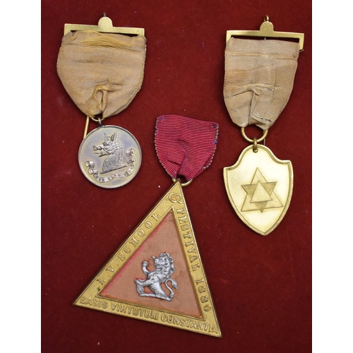 220 - Masonic Medals Three (3) including 1880, 1881, 1882. One large triangular  LV School Festival. Plus ... 