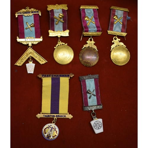 221 - Masonic Medals. Six (6) including 1948, 1949, 1955. Enamelled and engraved gilt metal with ribbons a... 