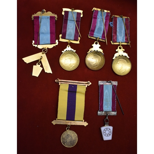 221 - Masonic Medals. Six (6) including 1948, 1949, 1955. Enamelled and engraved gilt metal with ribbons a... 