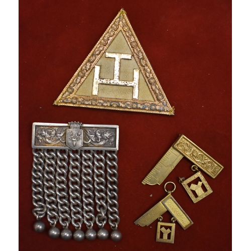 222 - Masonic Insignia. Four (4) including One heavy white metal bar with chains, made by Spence of  Londo... 