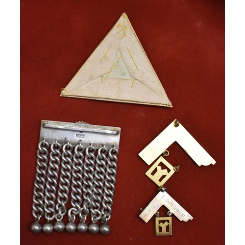 222 - Masonic Insignia. Four (4) including One heavy white metal bar with chains, made by Spence of  Londo... 