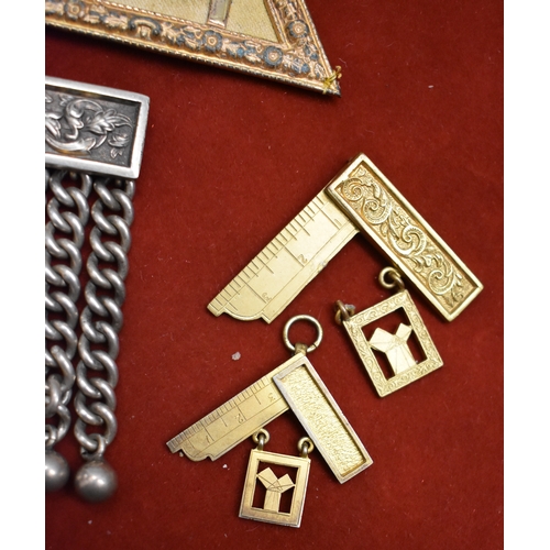 222 - Masonic Insignia. Four (4) including One heavy white metal bar with chains, made by Spence of  Londo... 