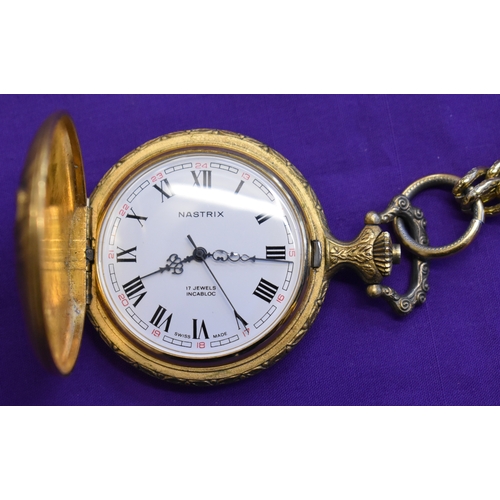 226 - Two gold coloured pocket watches. Mechanical mechanism. Nastrix, 17 Jewels Incabloc. Swiss Made, wit... 