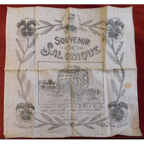 292 - French Souvenir De Salonique printed panel (or handkerchief) showing the Zeppelins LZ85s skeletal... 