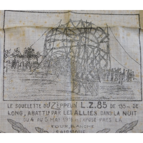 292 - French Souvenir De Salonique printed panel (or handkerchief) showing the Zeppelins LZ85s skeletal... 