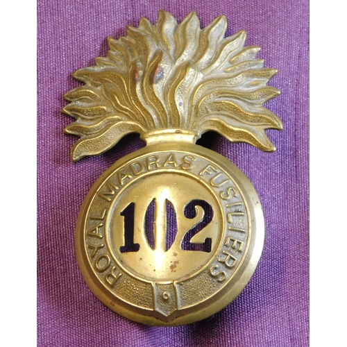 303 - Royal Madras Fusiliers (102nd Regiment of Foot) British Glengarry Victorian Cap Badge, KK 578, gildi... 