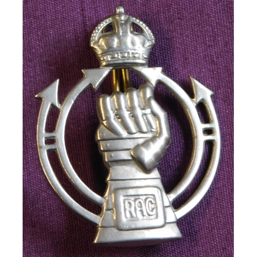 312 - Royal Armoured Corps British WWII cap badge, white metal and lugs. Somewhat polish worn