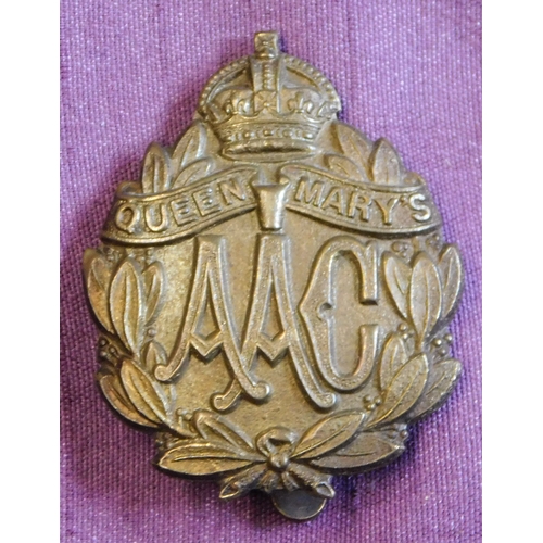 314 - Queen Mary's Army Auxiliary Corps British WWI Cap Badge, brass, solid centre variant with slider