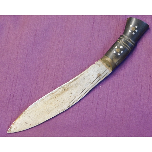 339 - Nepalese Tourist Kukri Knife, bone and wood inlaid sheath with brass frame.