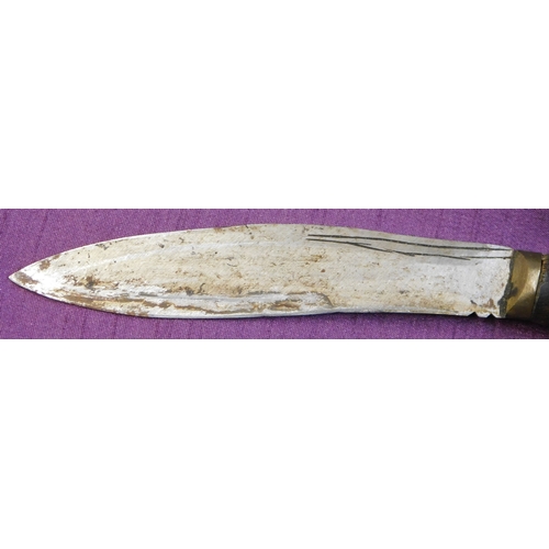 339 - Nepalese Tourist Kukri Knife, bone and wood inlaid sheath with brass frame.