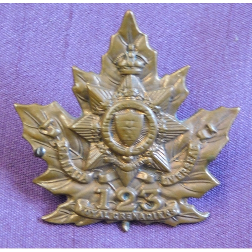 347 - British Commonwealth WWI Canadian Expeditionary Force 123rd Battalion (Royal Grenadiers) Cap Badge, ... 