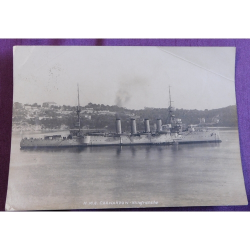 354 - British Royal Navy pictures including an A5 size  picture of H.M.S. Carnarvon - Villefranche and a p... 