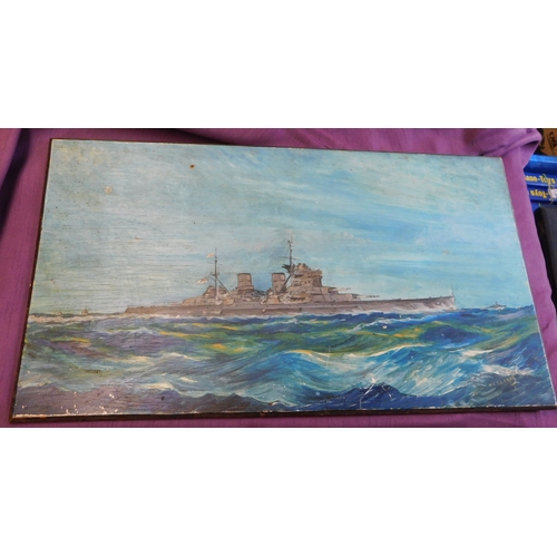 356 - British WWII Paintings of Royal Navy vessels, one on canvas named 'H.M.S. Lion' painted by J. Glendi... 