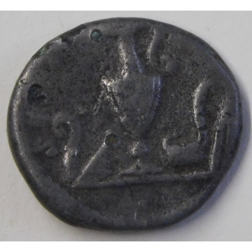 7 - Roman Geta Silver Denarius. Reverse: Priestly instruments, RCV 7201 about fine, small flan