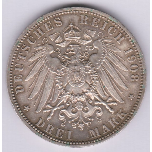 82 - German Empire (Prussia) 1908A Three Marks, Kaiser Wilhelm II, GVF/NEW